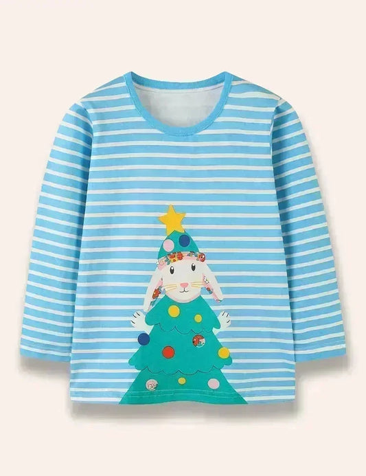 Christmas Bunny Printed Long Sleeve Striped T-Shirt