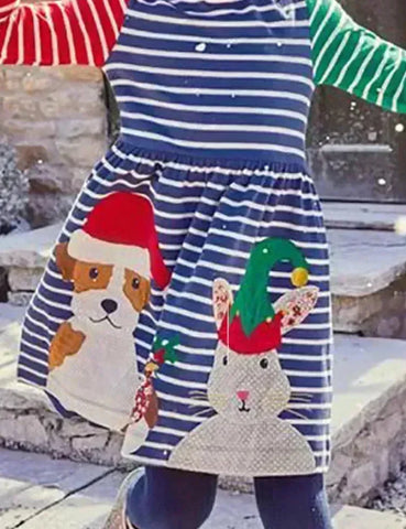 Christmas Animal Friend Appliqué Colorblocked Dress