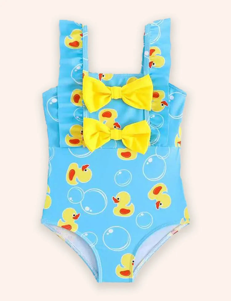Ärmelloser Badeanzug mit süßem Print, Schleife und Spitze