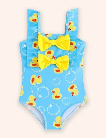Ärmelloser Badeanzug mit süßem Print, Schleife und Spitze