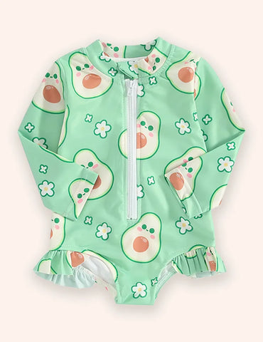 Fruit Print Long Sleeve Zip-up Swimsuit