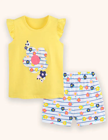 Conjunto de camiseta con apliques de rayas y flores