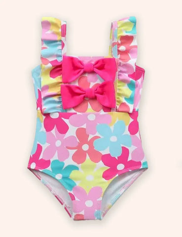 Ärmelloser Badeanzug mit süßem Print, Schleife und Spitze