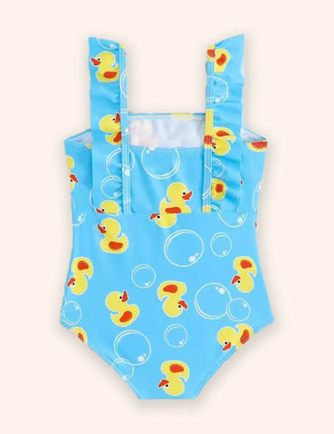 Ärmelloser Badeanzug mit süßem Print, Schleife und Spitze