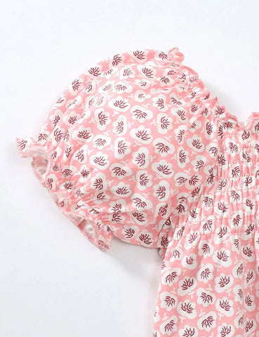 Flower Printed Puff Sleeve Cotton T-shirt