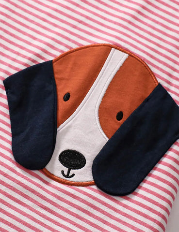 Gestreiftes Kleid mit Welpenstickerei