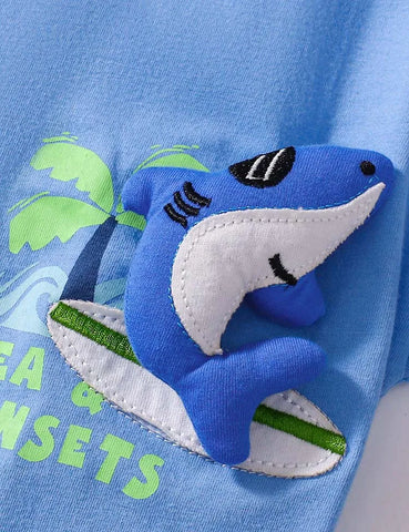 Conjunto de camiseta de algodón con aplique de tiburón de dibujos animados