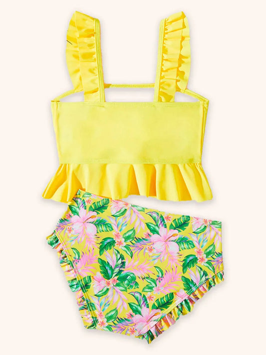 Traje de baño con borde de volante dividido y estampado de flores