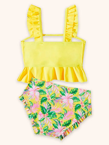 Traje de baño con borde de volante dividido y estampado de flores