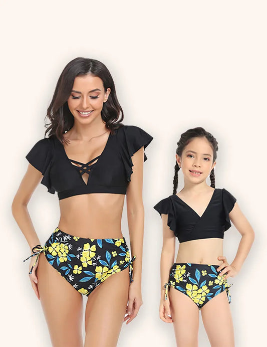 Blätter- und Blumenmuster Eltern-Kind-Bikini