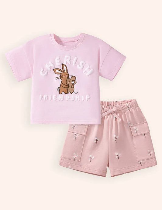 Conjunto de camiseta de algodón con estampado de ratón y conejo