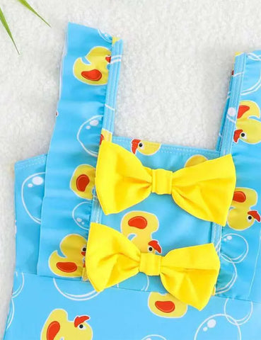 Ärmelloser Badeanzug mit süßem Print, Schleife und Spitze
