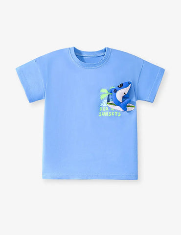 Conjunto de camiseta de algodón con aplique de tiburón de dibujos animados