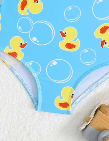 Ärmelloser Badeanzug mit süßem Print, Schleife und Spitze
