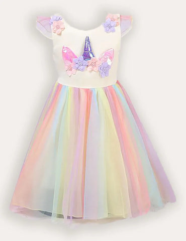 Tüll-Partykleid mit Einhorn- und Blumenapplikation