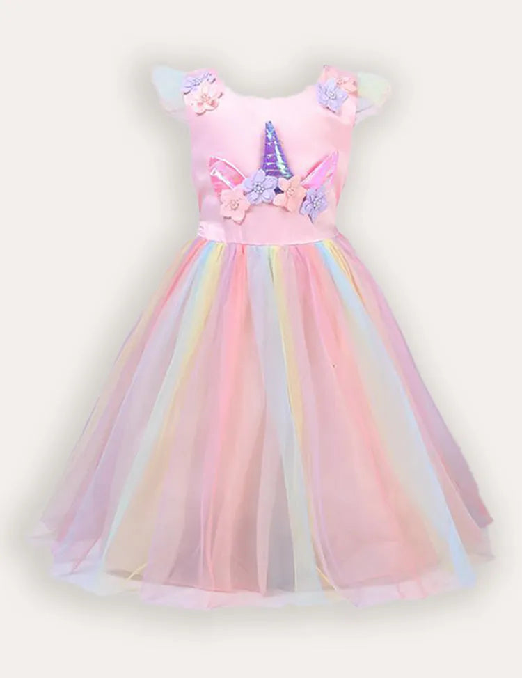 Tüll-Partykleid mit Einhorn- und Blumenapplikation
