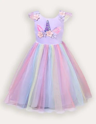 Tüll-Partykleid mit Einhorn- und Blumenapplikation