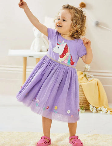 Floral Unicorn Appliqué Tulle Dress