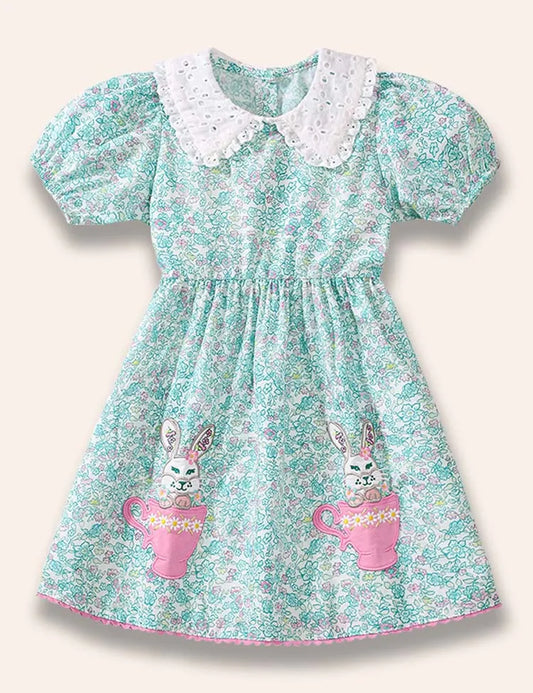 Floral Cup Bunny Appliqué Dress