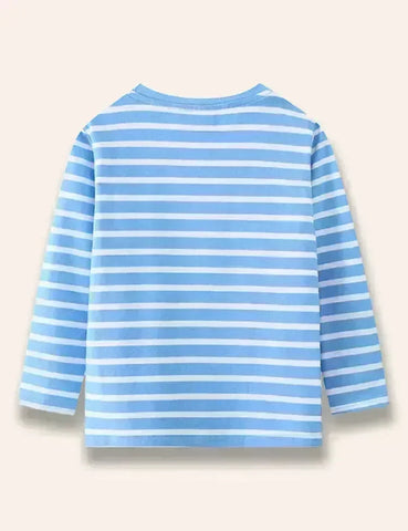 Cartoon Dinosaur Appliqué Long Sleeve Striped T-Shirt