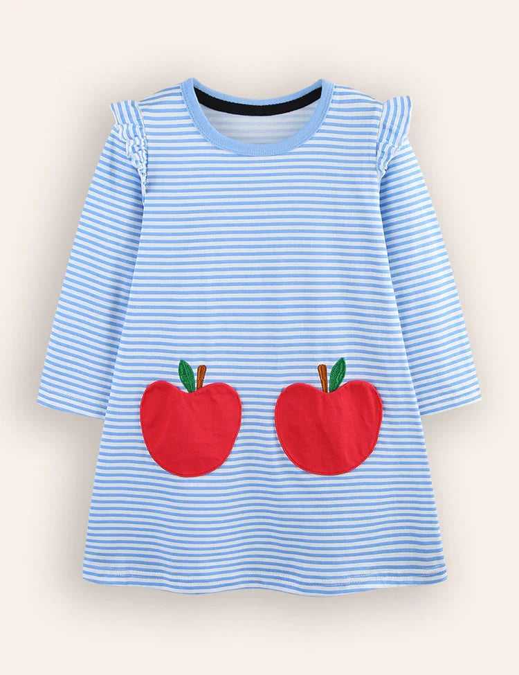 Gestreiftes Kleid mit Apfel-Applikation