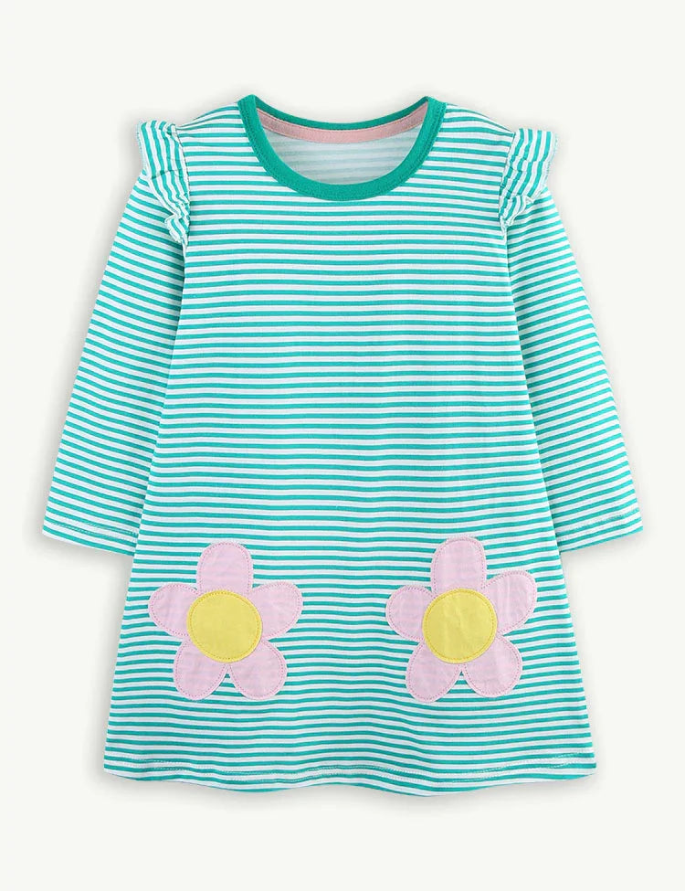 Gestreiftes Kleid mit Blumenapplikation