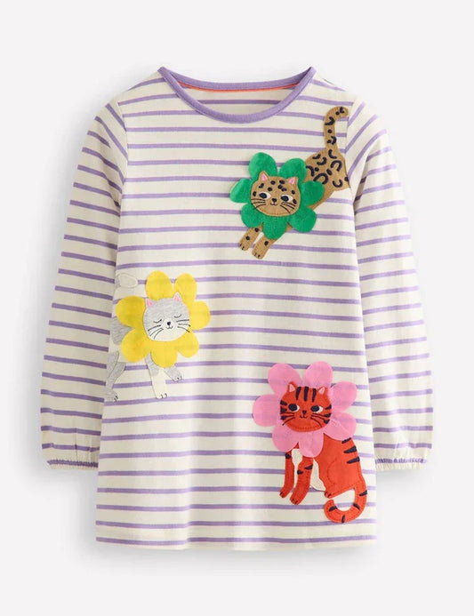 Vestido de manga larga con bordado de gato