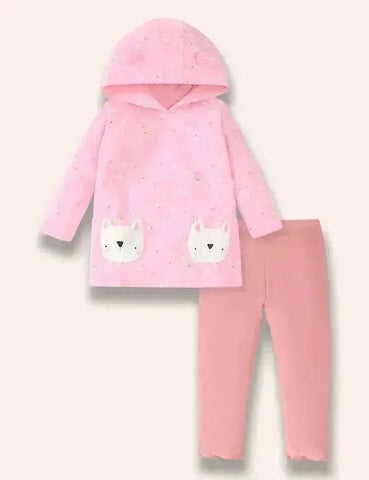 Conjunto de camiseta de manga larga con capucha y aplicación de cachorro lindo