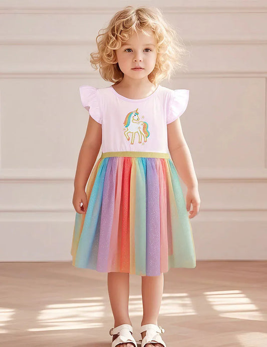 Rainbow Unicorn Appliqué Tulle Dress