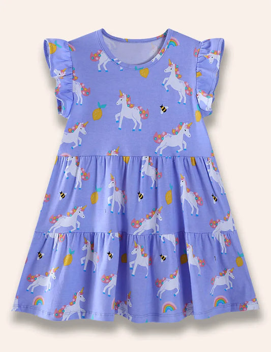 Abito con volant stampato unicorno