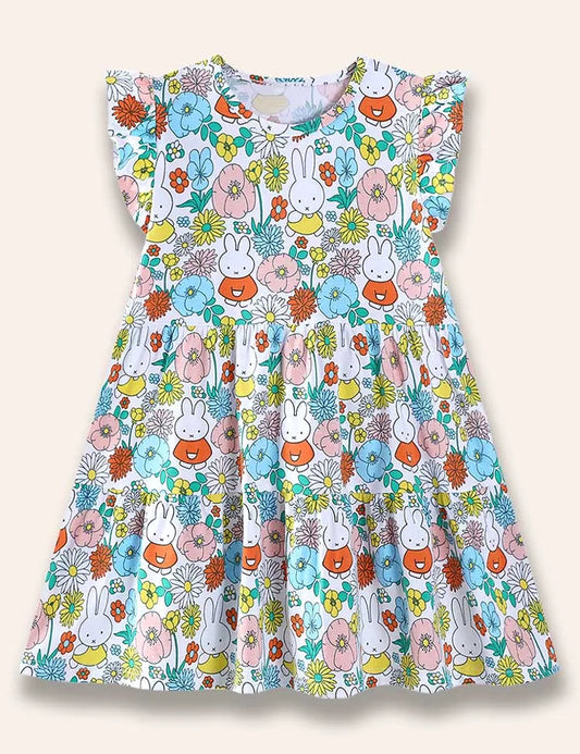 Abito stampato con piccolo coniglio floreale