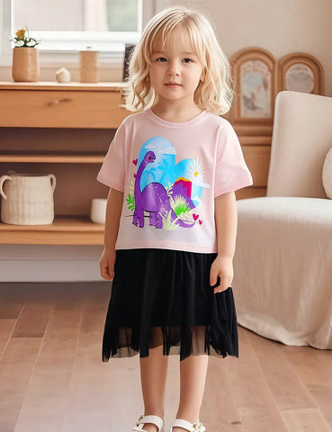 Camiseta con estampado de dinosaurios de dibujos animados+falda de tul