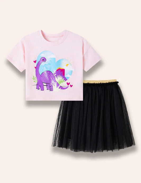 Camiseta con estampado de dinosaurios de dibujos animados+falda de tul