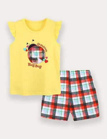 Besticktes T-Shirt- und Shorts-Set mit Marienkäfer-Karo