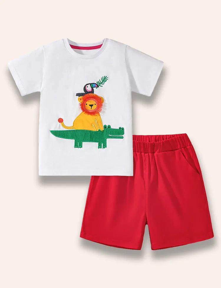 Conjunto de camiseta con aplicación de amigo animal de dibujos animados