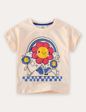 Cartoon Flower Print Short Sleeve T-Shirt and Shorts Set