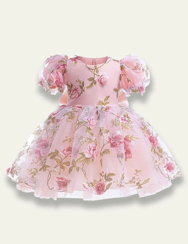 3D Rose Mesh Bubble Sleeve Dress - Mini Taylor