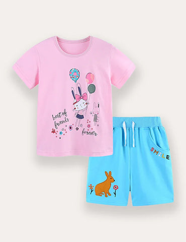 T-Shirt- und Shorts-Set mit Hasen- und Luftballon-Print