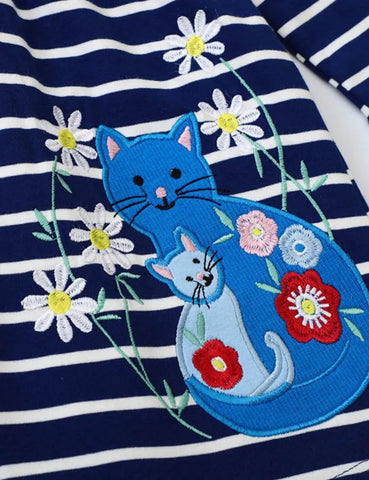 Floral Cat Appliqué Striped Dress - Mini Taylor
