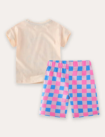 Cartoon Flower Print Short Sleeve T-Shirt and Shorts Set