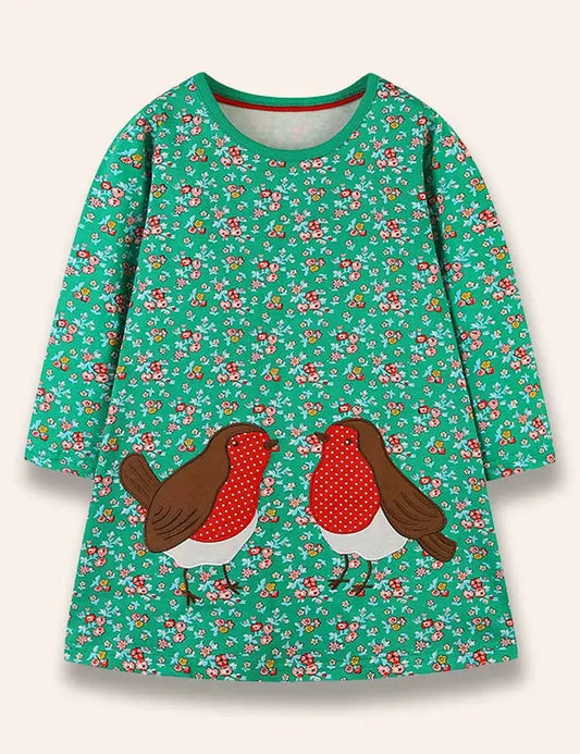 Jurk met bloemenprint en vogelapplicatie