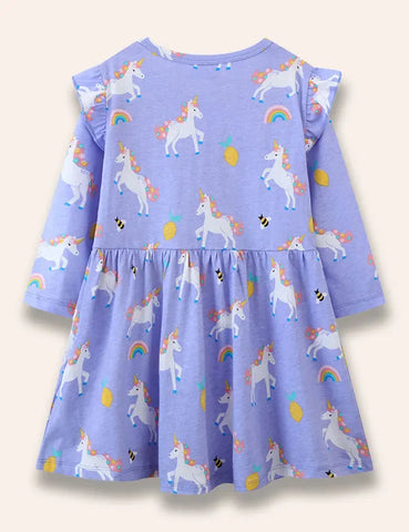 Cartoon Unicorn Printed Ruffled Dress