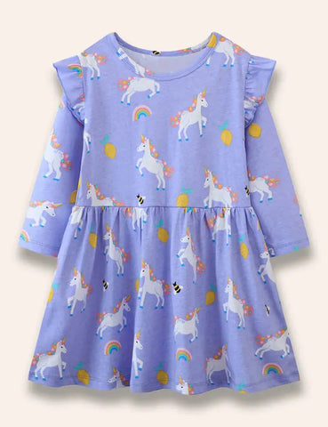 Cartoon Unicorn Printed Ruffled Dress