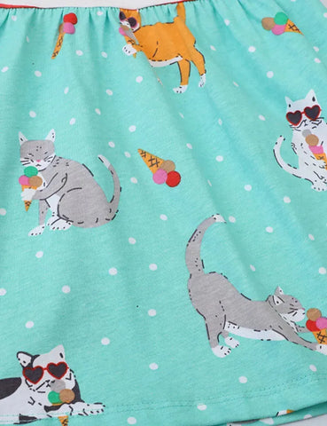 Gestreiftes Kleid Mit Eiscreme-Katzen-Print