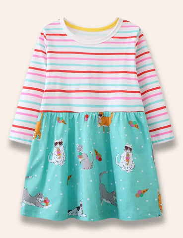 Gestreiftes Kleid Mit Eiscreme-Katzen-Print