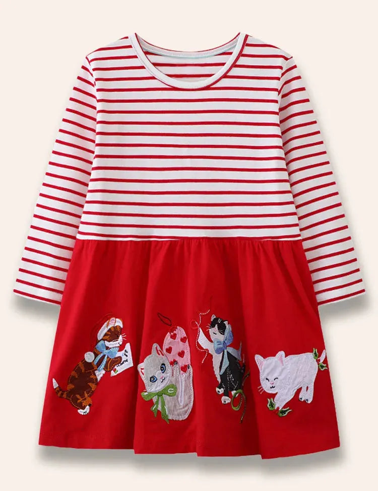 Süßes Kleid mit Kätzchen-Applikation und Streifen