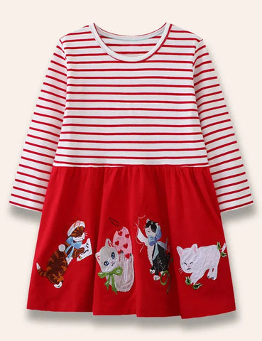 Süßes Kleid mit Kätzchen-Applikation und Streifen