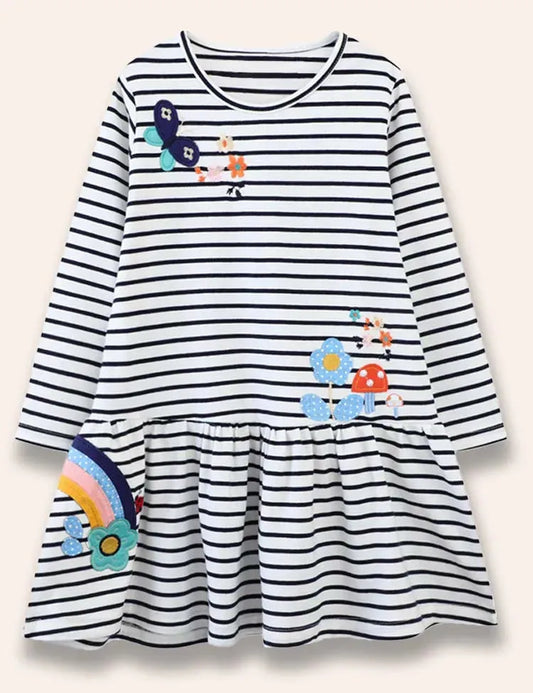 Butterfly Flower Appliqué Striped Dress