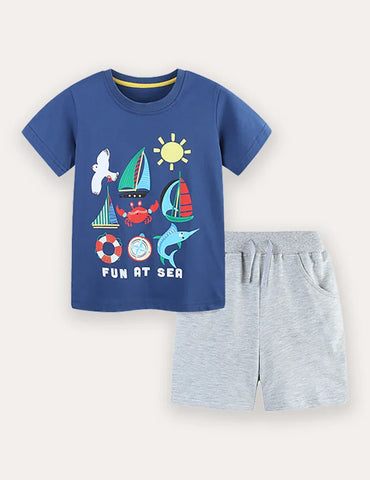 Summer Print Short Sleeve T-Shirt and Shorts Set