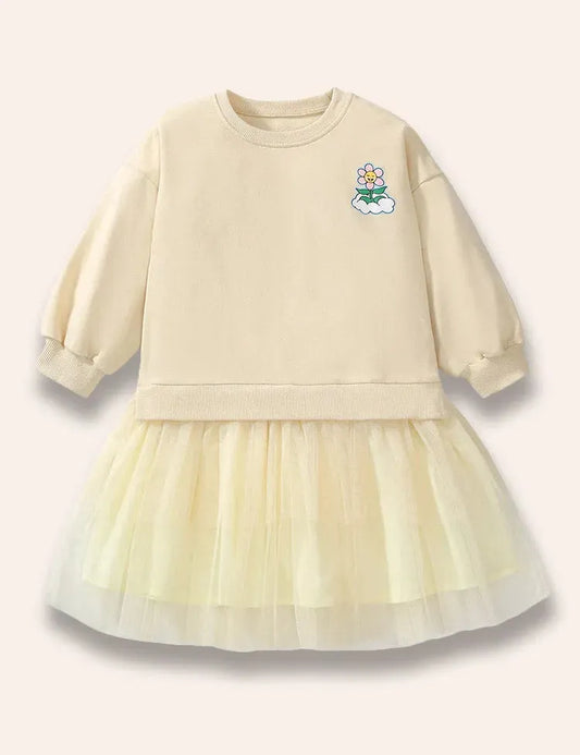 Cute Flower Printed Tulle Skirt Sweatshirt